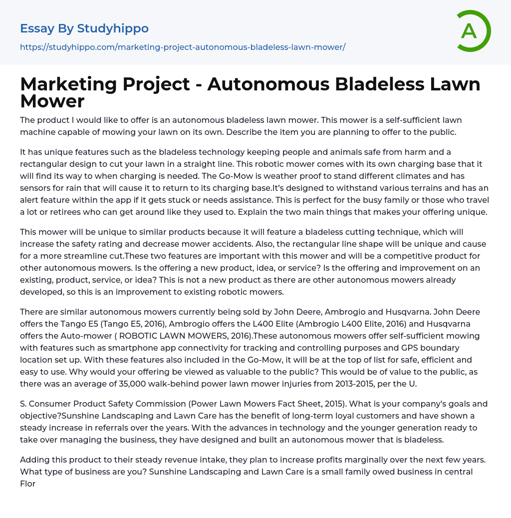 Marketing Project – Autonomous Bladeless Lawn Mower Essay Example