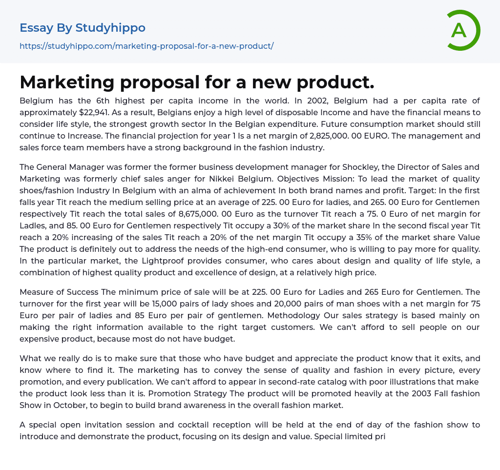 Marketing proposal for a new product. Essay Example