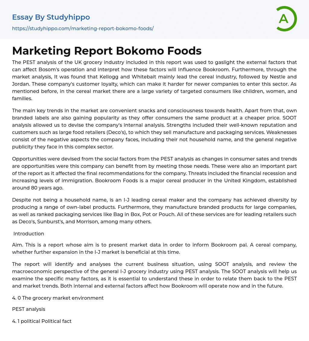 Marketing Report Bokomo Foods Essay Example