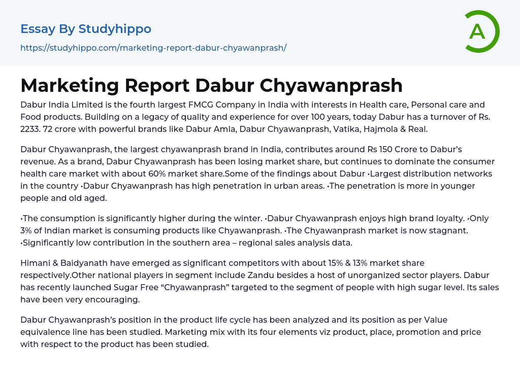 Marketing Report Dabur Chyawanprash Essay Example