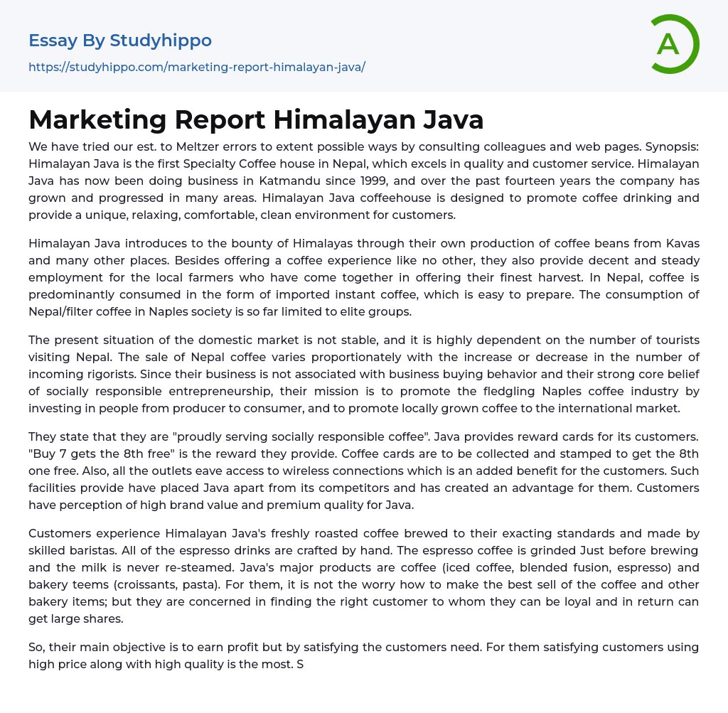 Marketing Report Himalayan Java Essay Example