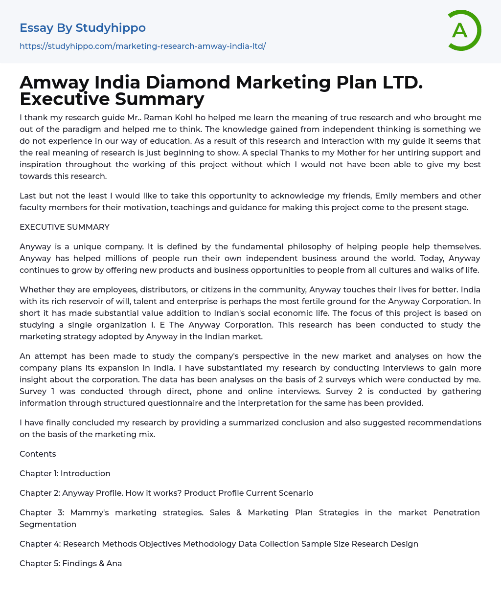 Amway India Diamond Marketing Plan LTD. Executive Summary Essay Example