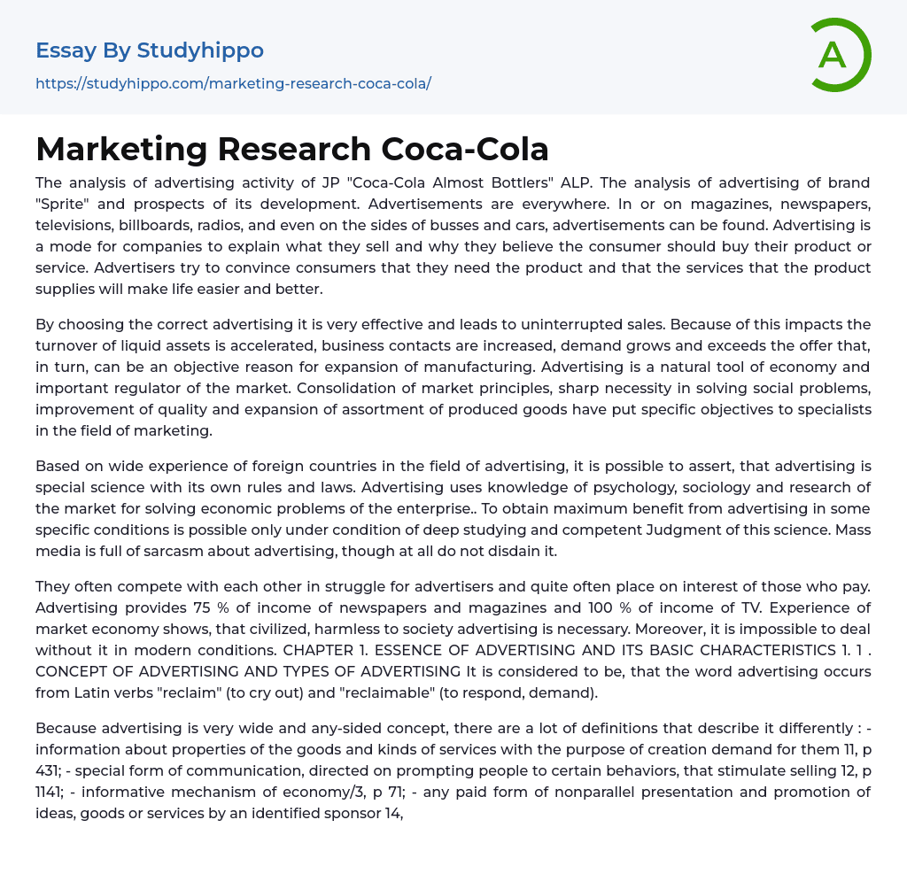Marketing Research Coca-Cola Essay Example