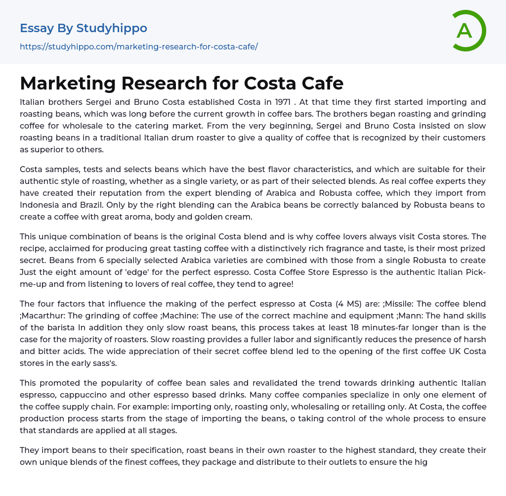 Marketing Research for Costa Cafe Essay Example
