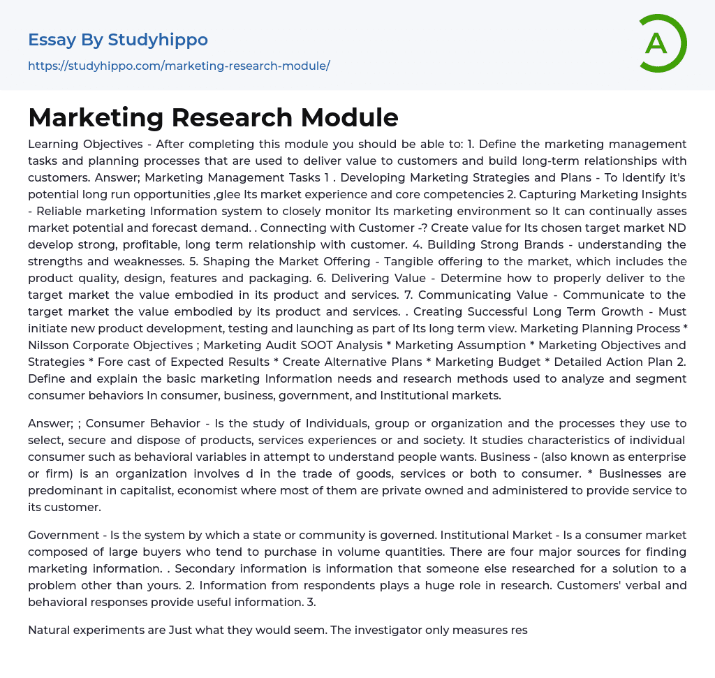 Marketing Research Module Essay Example