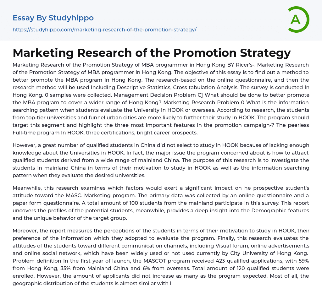 Marketing Research of the Promotion Strategy Essay Example