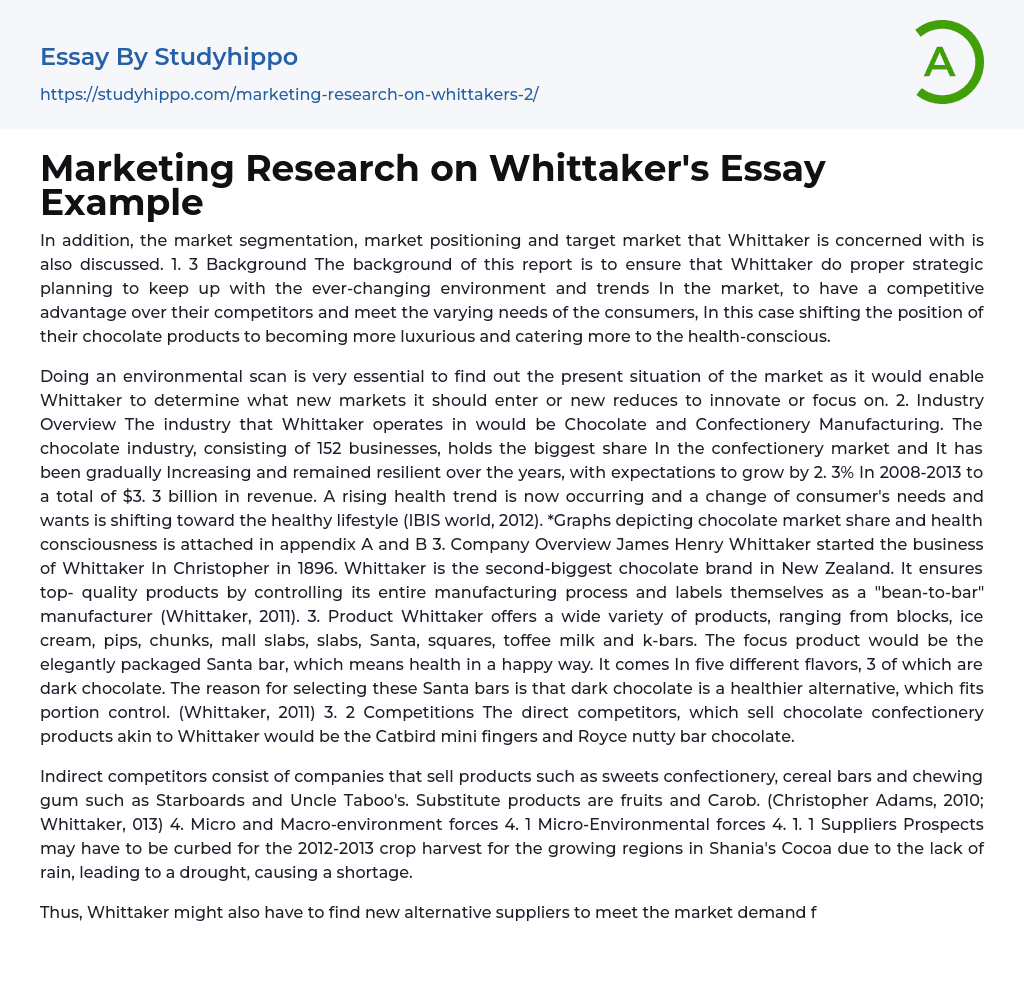 Marketing Research on Whittaker’s Essay Example
