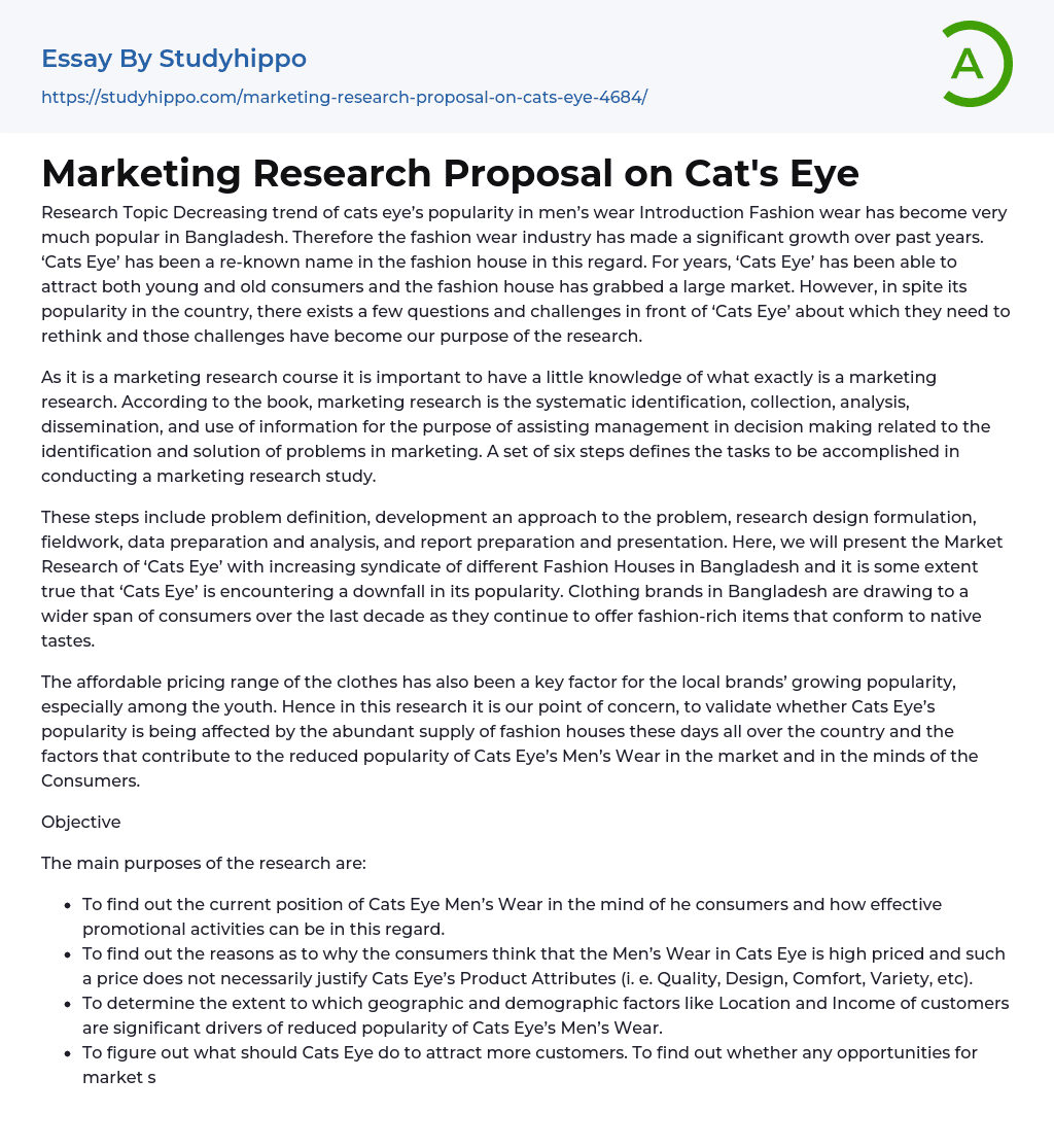 Marketing Research Proposal on Cat’s Eye Essay Example