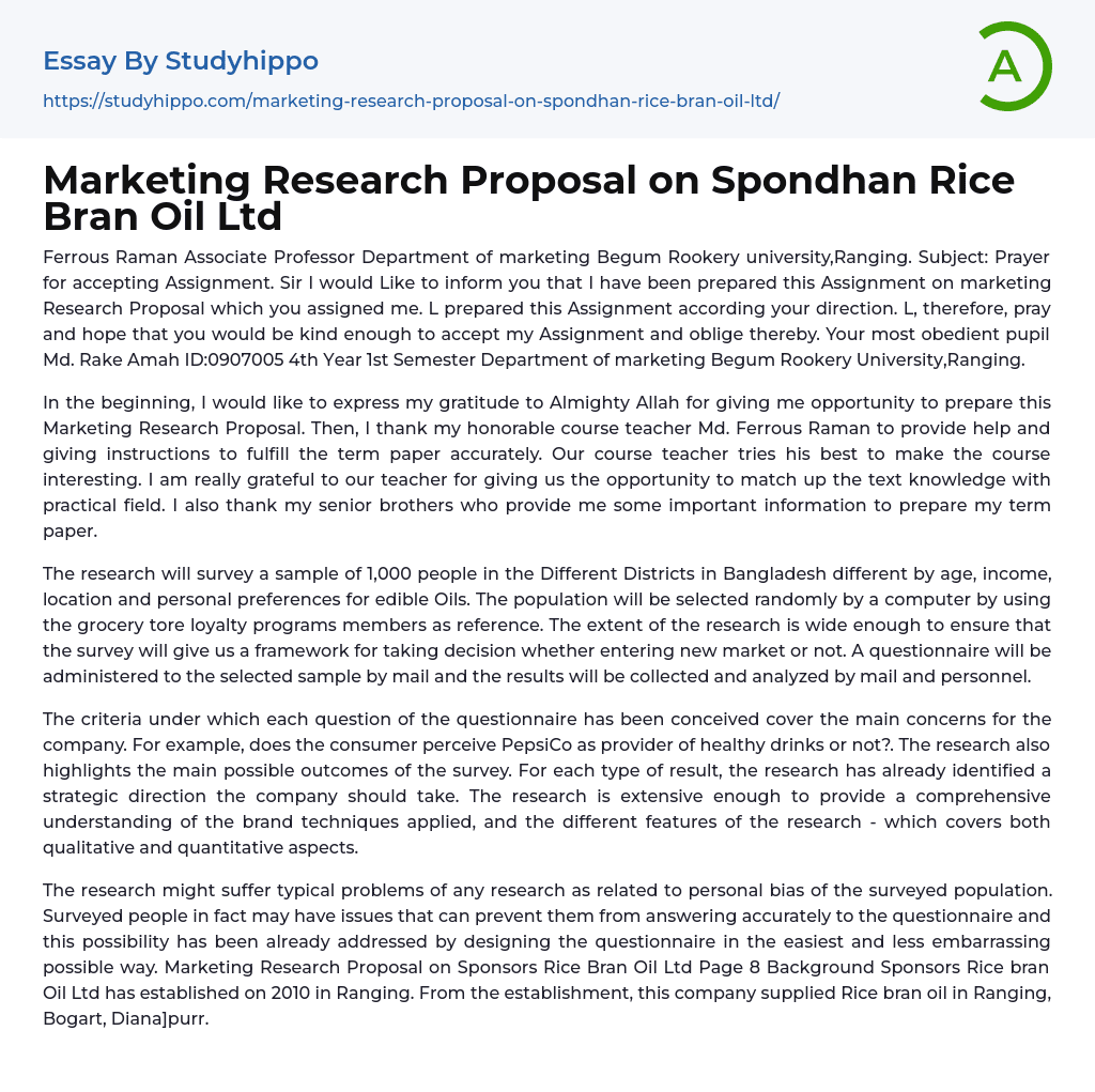 Marketing Research Proposal on Spondhan Rice Bran Oil Ltd Essay Example