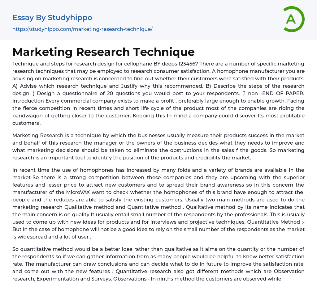 Marketing Research Technique Essay Example