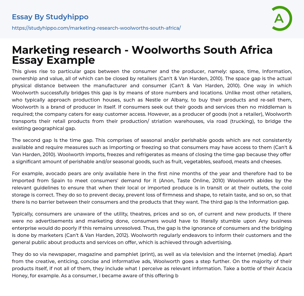 Marketing research – Woolworths South Africa Essay Example