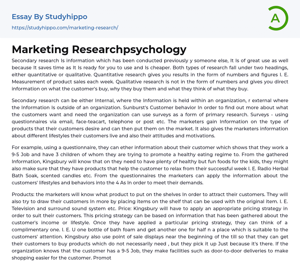 Marketing Researchpsychology Essay Example