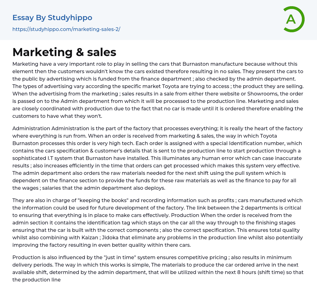 Marketing & sales Essay Example