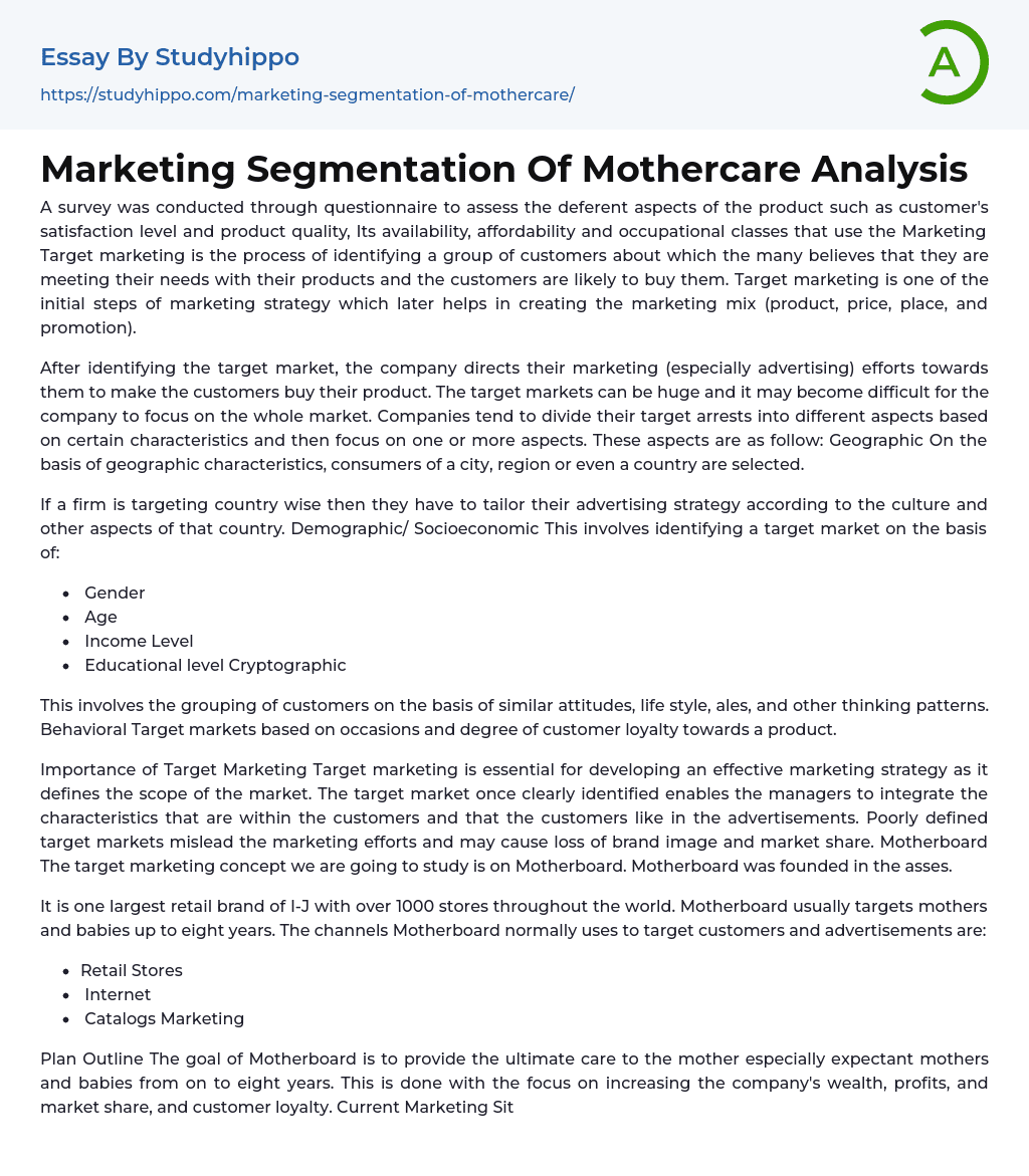 Marketing Segmentation Of Mothercare Analysis Essay Example