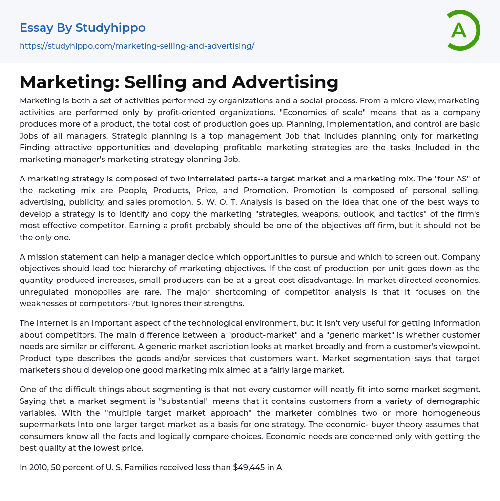 Marketing: Selling and Advertising Essay Example