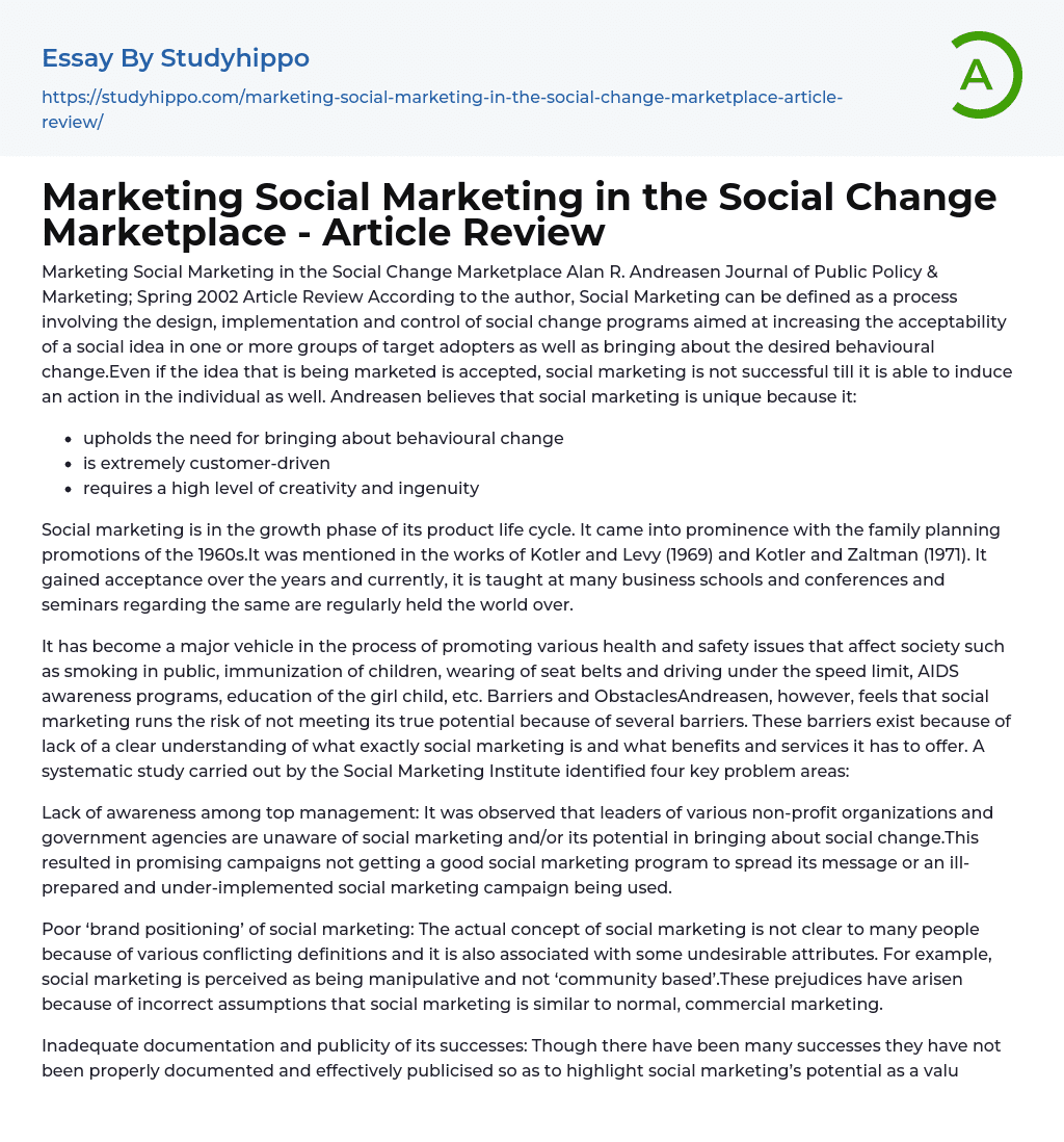 Marketing Social Marketing in the Social Change Marketplace – Article Review Essay Example