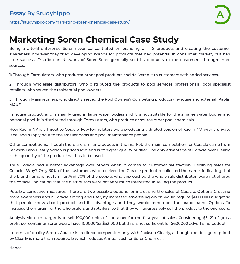 Marketing Soren Chemical Case Study Essay Example