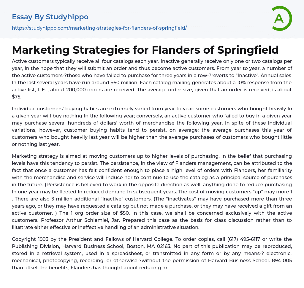 Marketing Strategies for Flanders of Springfield Essay Example