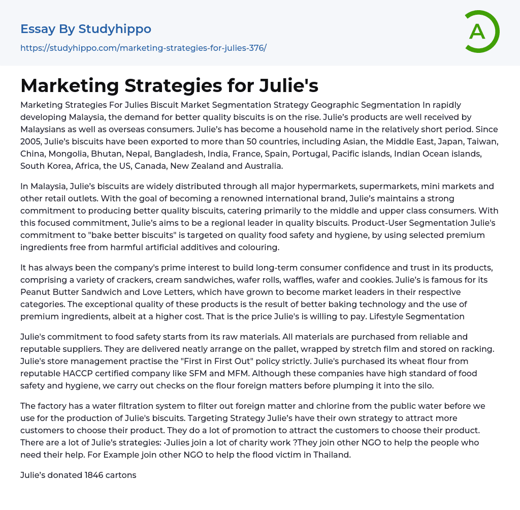 Marketing Strategies for Julie’s Essay Example