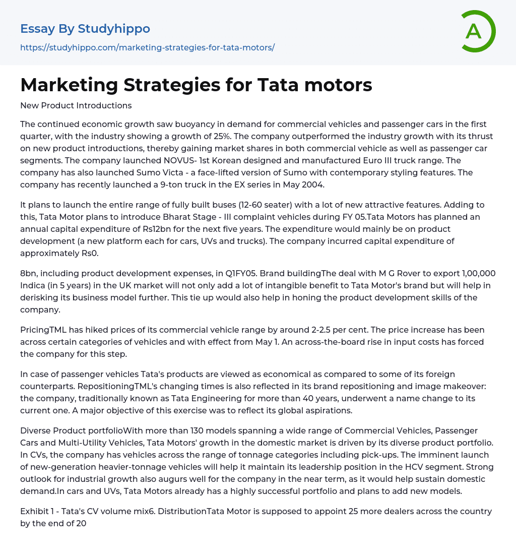 Marketing Strategies for Tata motors Essay Example