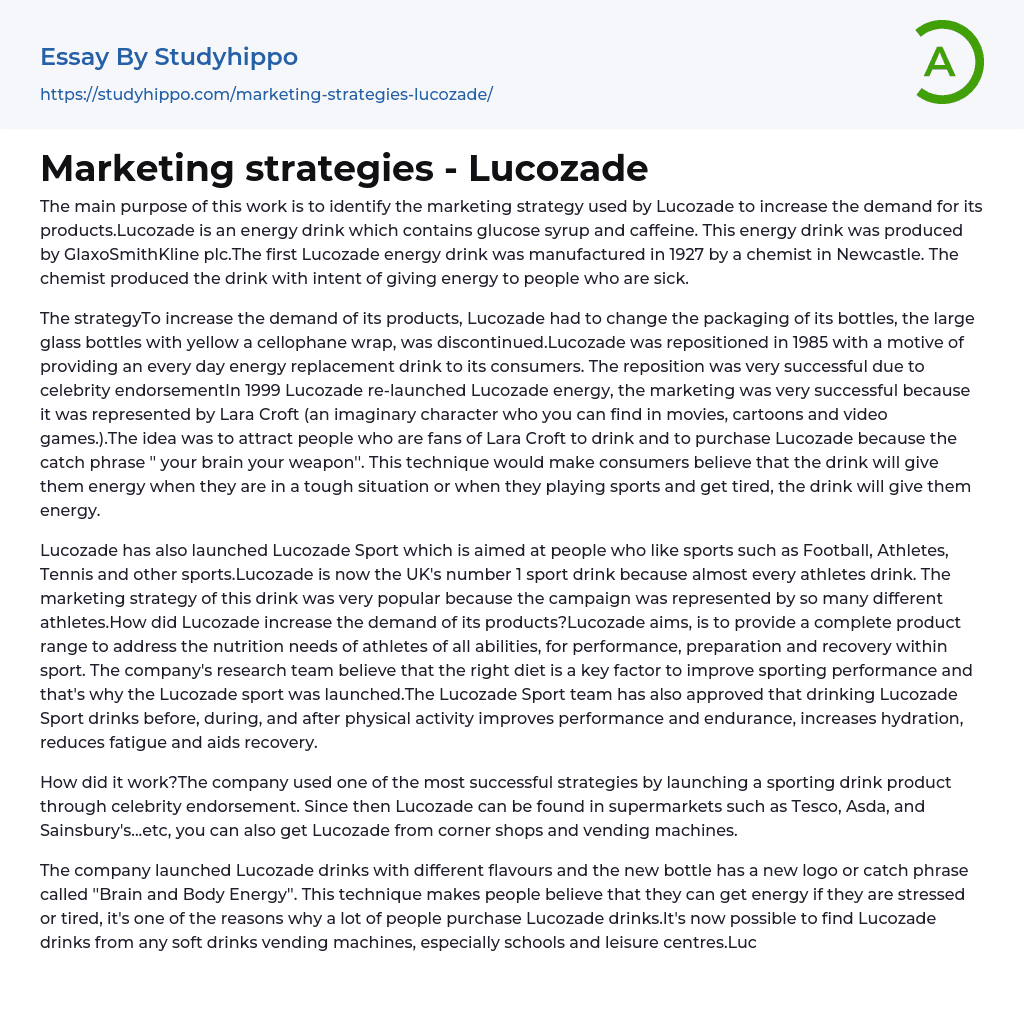 Marketing strategies – Lucozade Essay Example