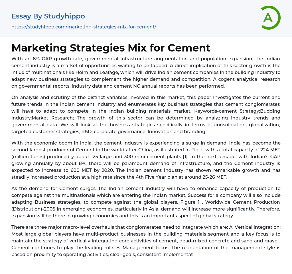 Marketing Strategies Mix for Cement Essay Example