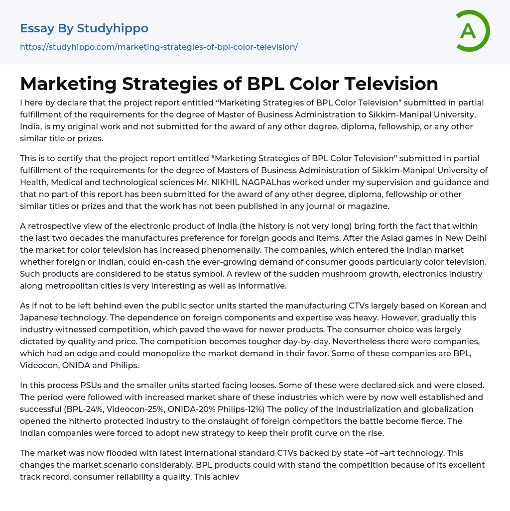 Marketing Strategies of BPL Color Television Essay Example