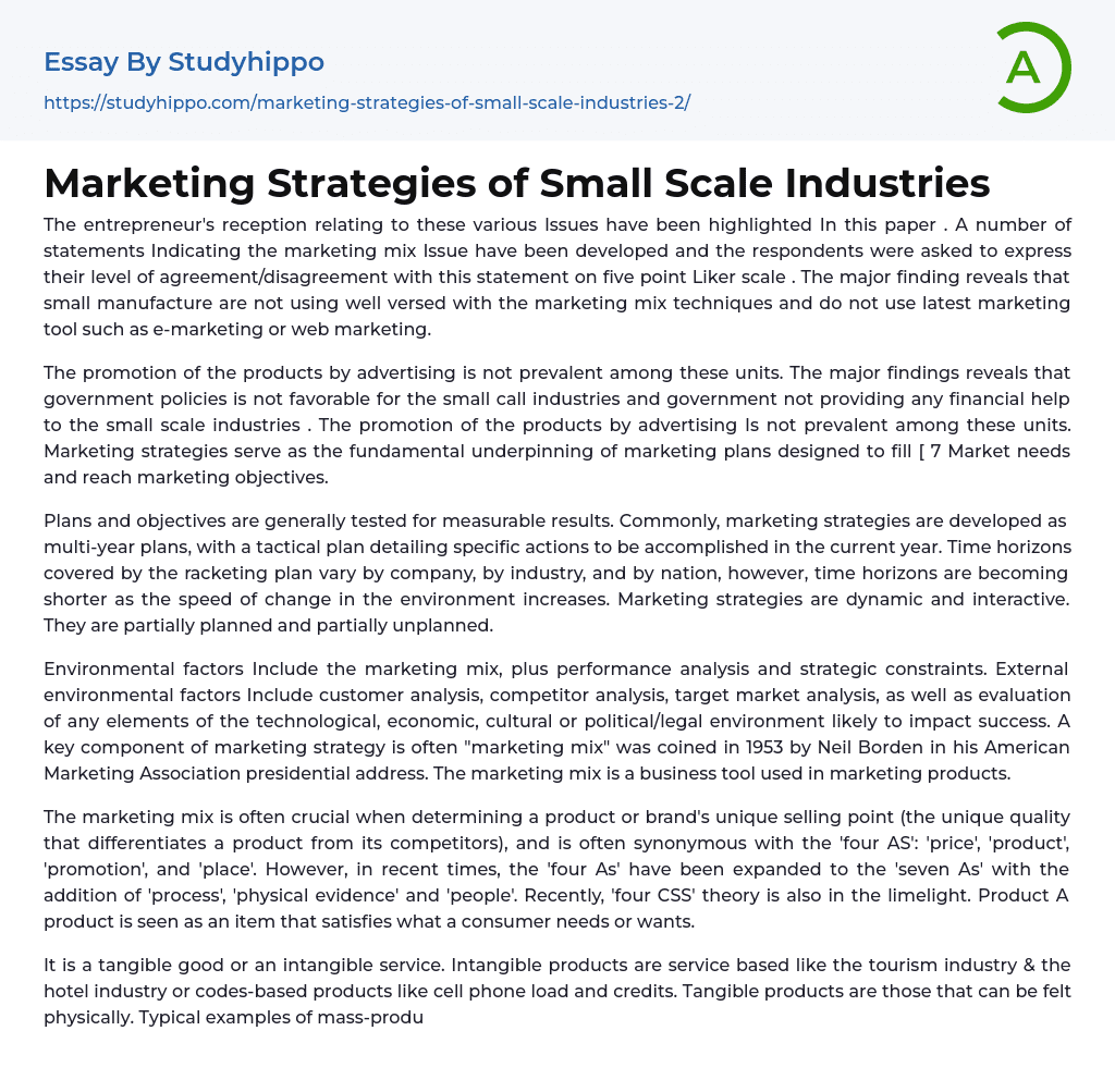 Marketing Strategies of Small Scale Industries Essay Example