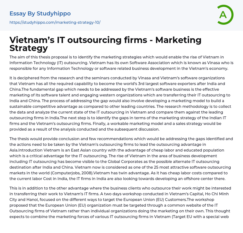 Vietnam’s IT outsourcing firms – Marketing Strategy Essay Example