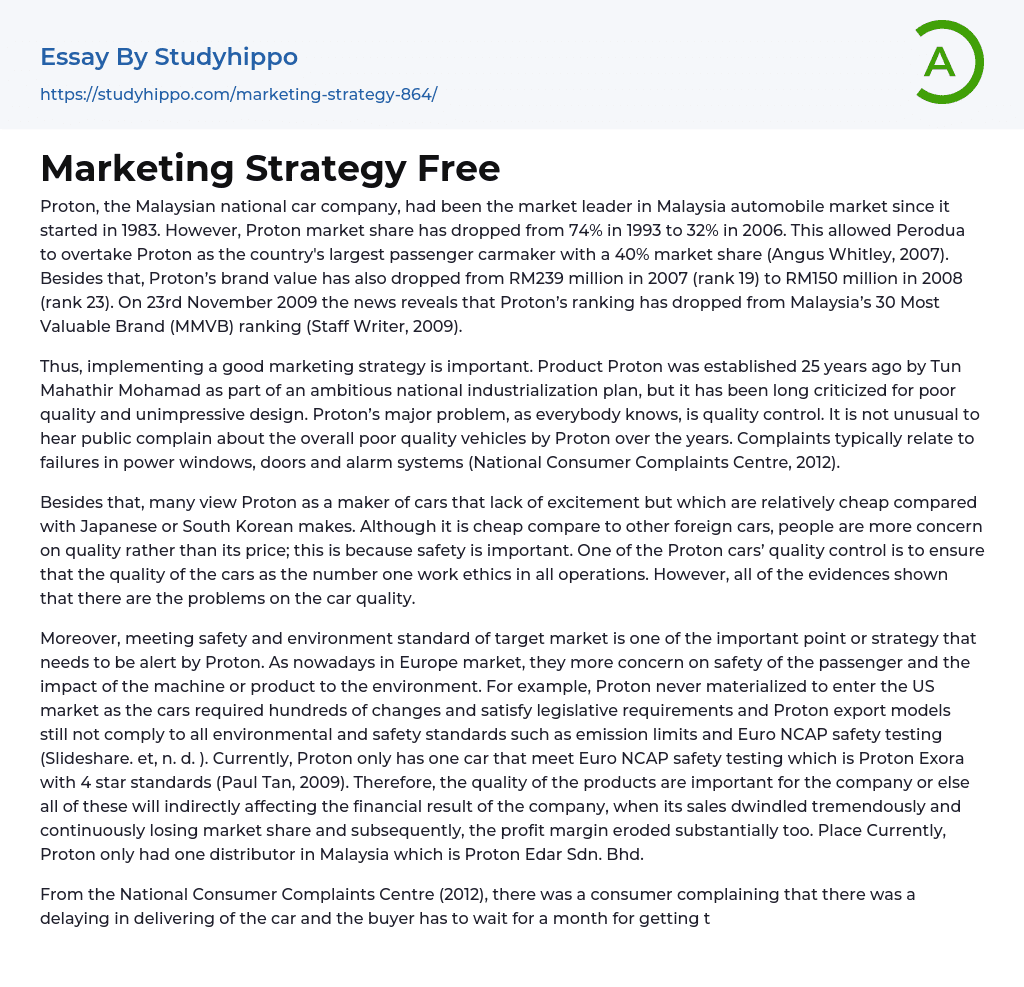 Marketing Strategy Free Essay Example