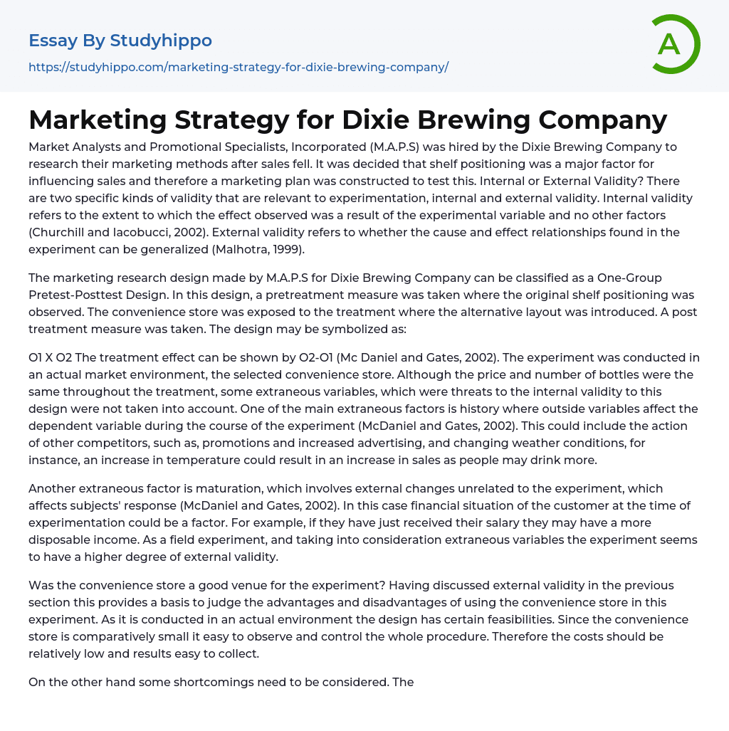 Marketing Strategy for Dixie Brewing Company Essay Example