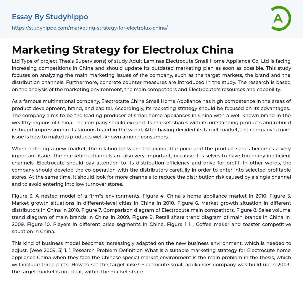 Marketing Strategy for Electrolux China Essay Example