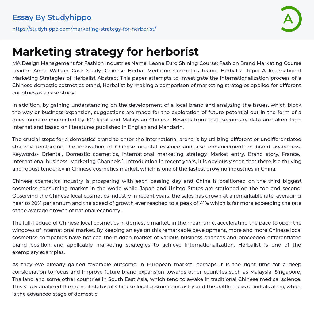 Marketing strategy for herborist Essay Example