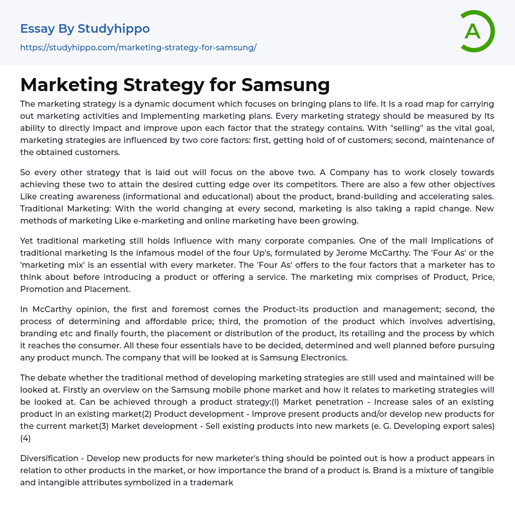 Marketing Strategy for Samsung Essay Example