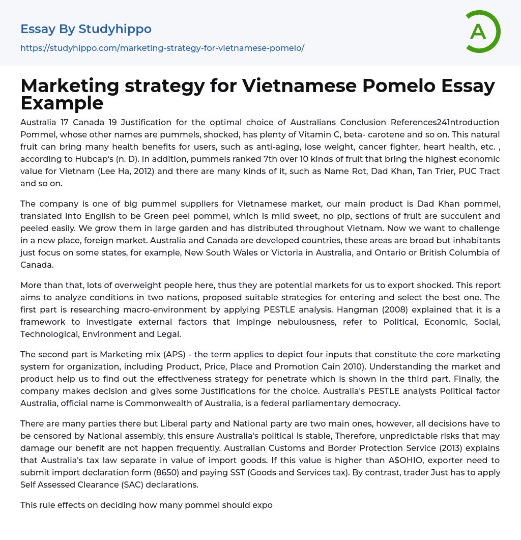Marketing strategy for Vietnamese Pomelo Essay Example