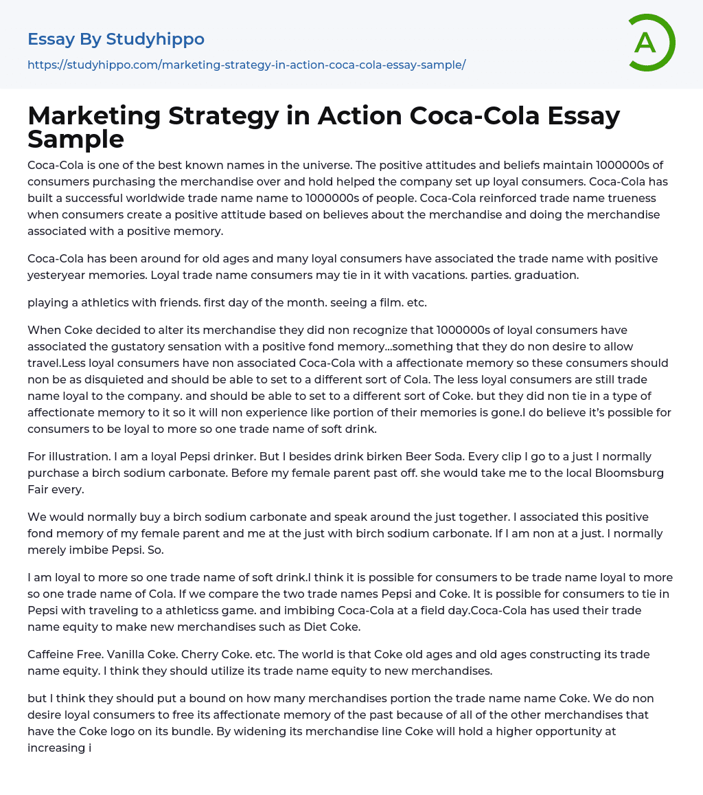 Marketing Strategy in Action Coca-Cola Essay Sample