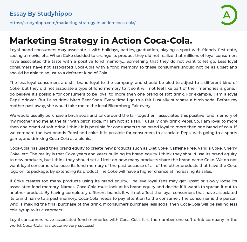 Marketing Strategy in Action Coca-Cola. Essay Example