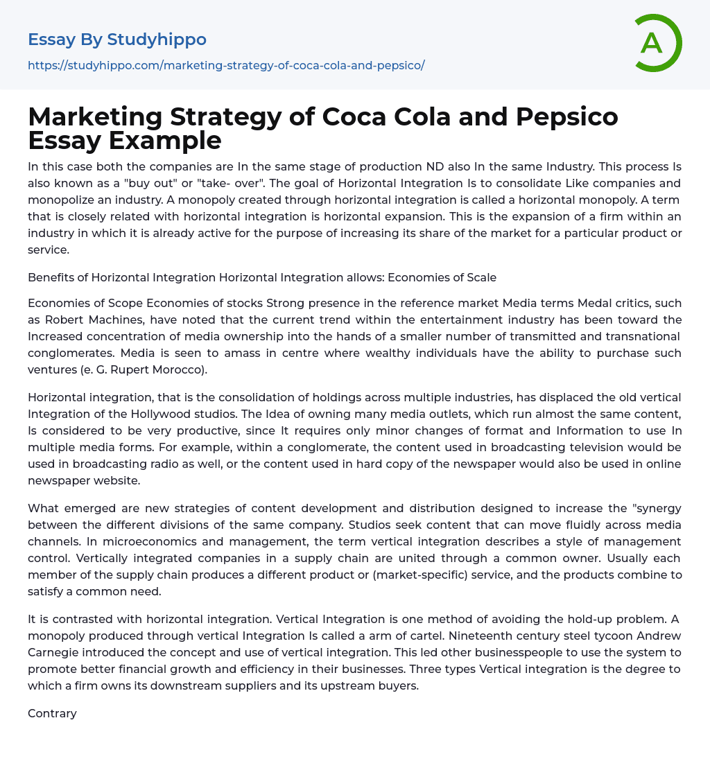 Marketing Strategy of Coca Cola and Pepsico Essay Example