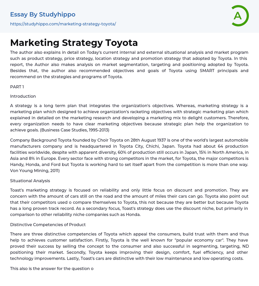 Marketing Strategy Toyota Essay Example