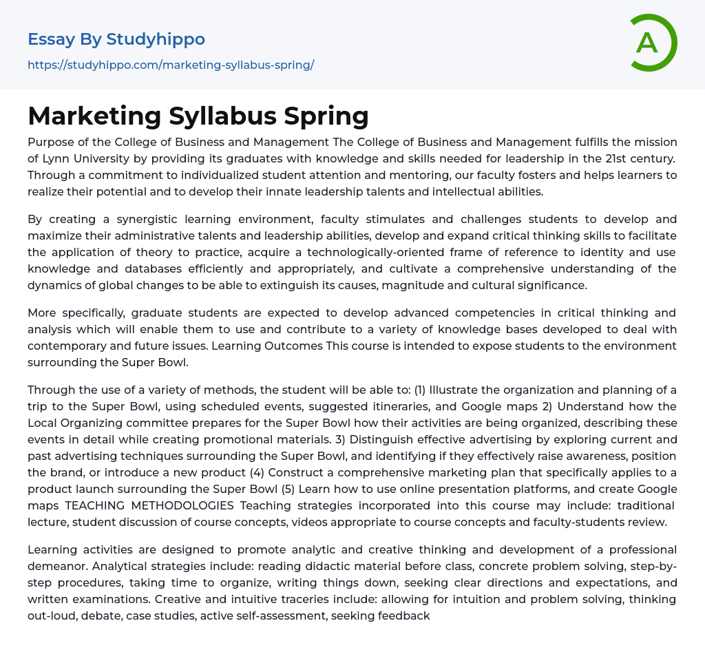 Marketing Syllabus Spring Essay Example