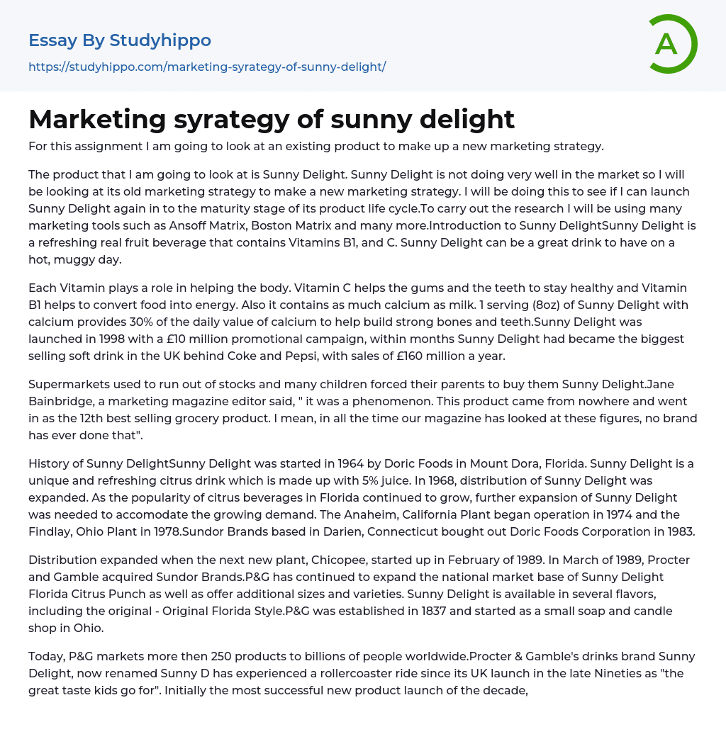 Marketing syrategy of sunny delight Essay Example