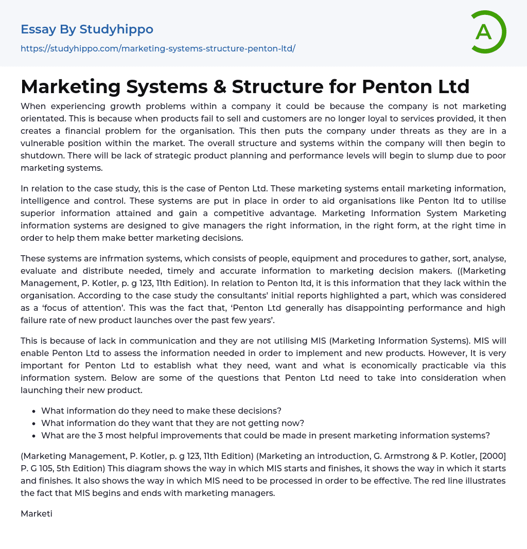 Marketing Systems & Structure for Penton Ltd Essay Example