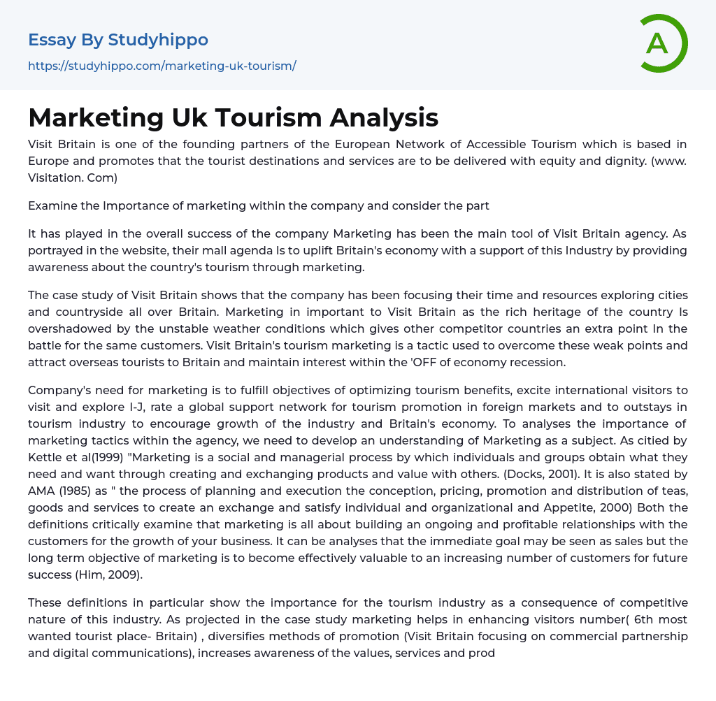 Marketing Uk Tourism Analysis Essay Example