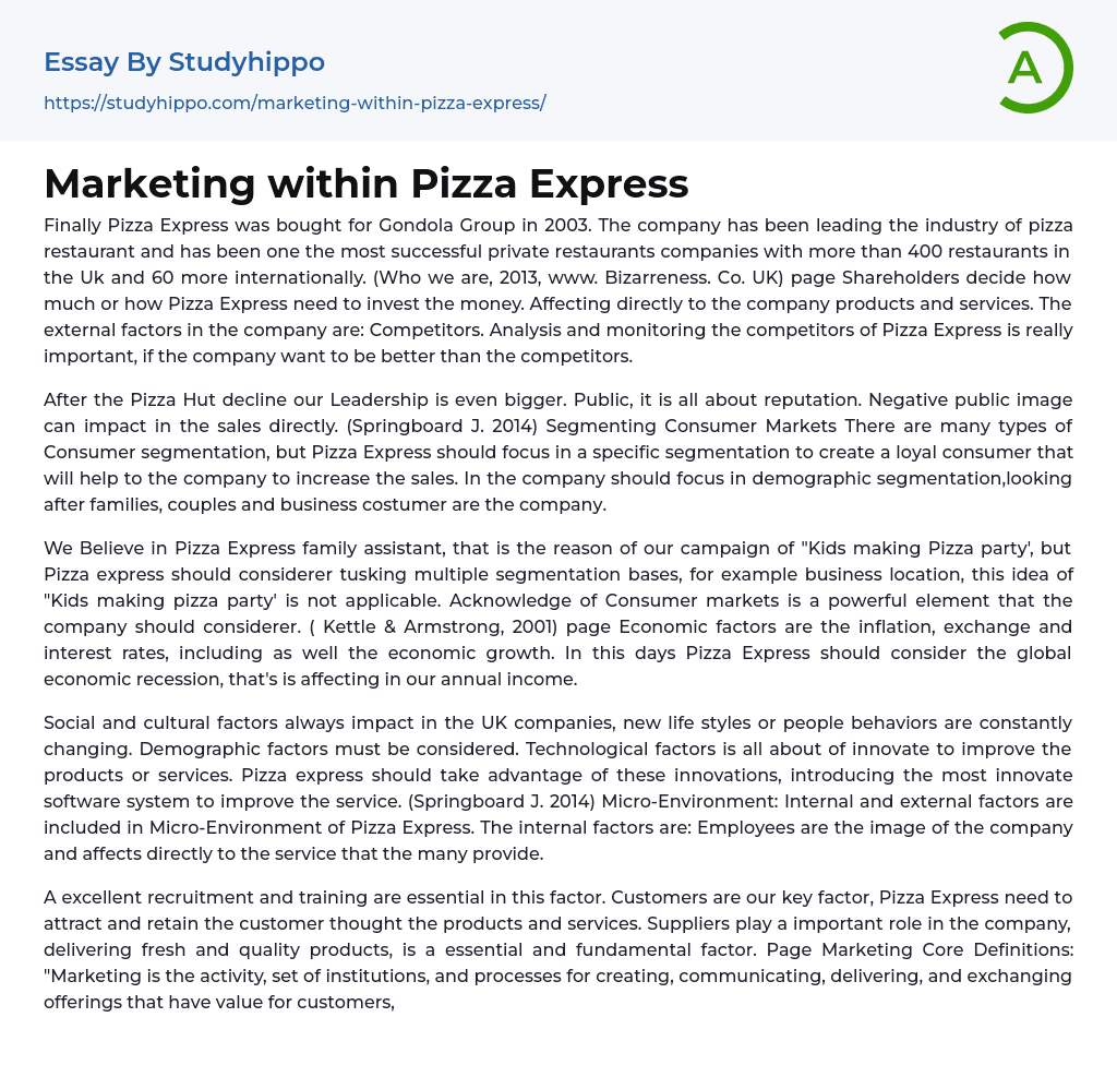 Marketing within Pizza Express Essay Example