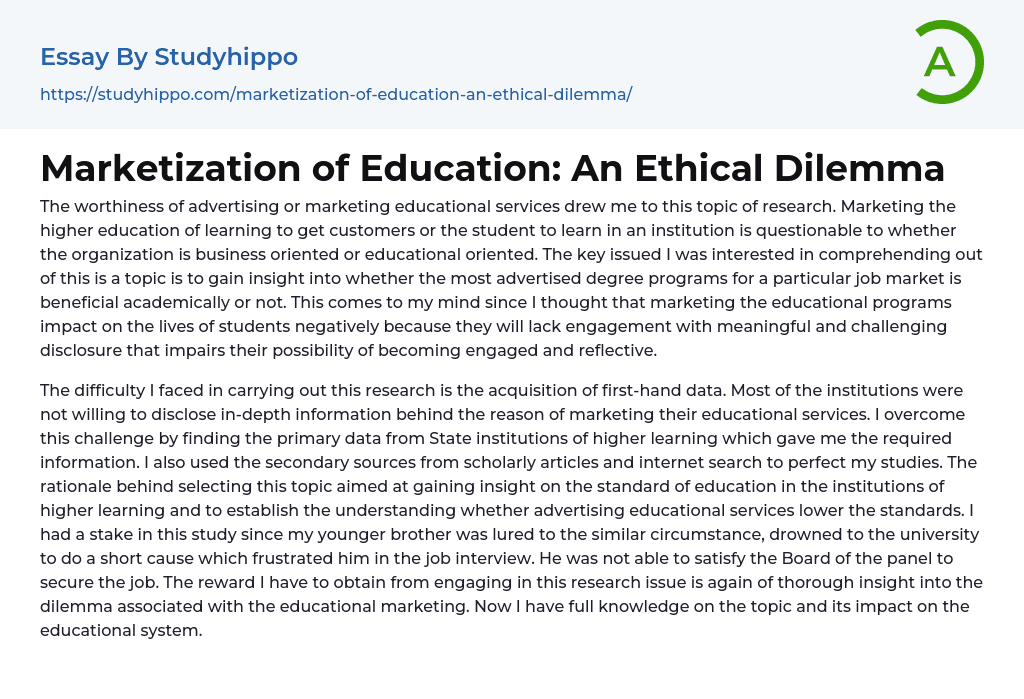 Marketization of Education: An Ethical Dilemma Essay Example