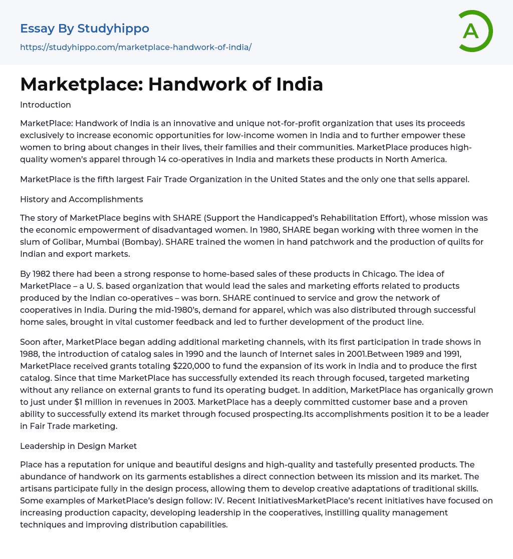 Marketplace: Handwork of India Essay Example