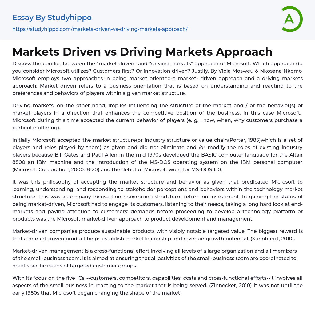 Markets Driven vs Driving Markets Approach Essay Example