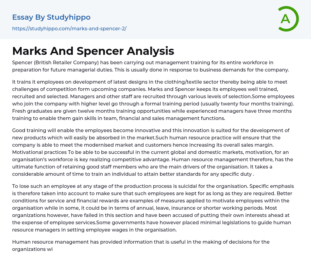 Marks And Spencer Analysis Essay Example