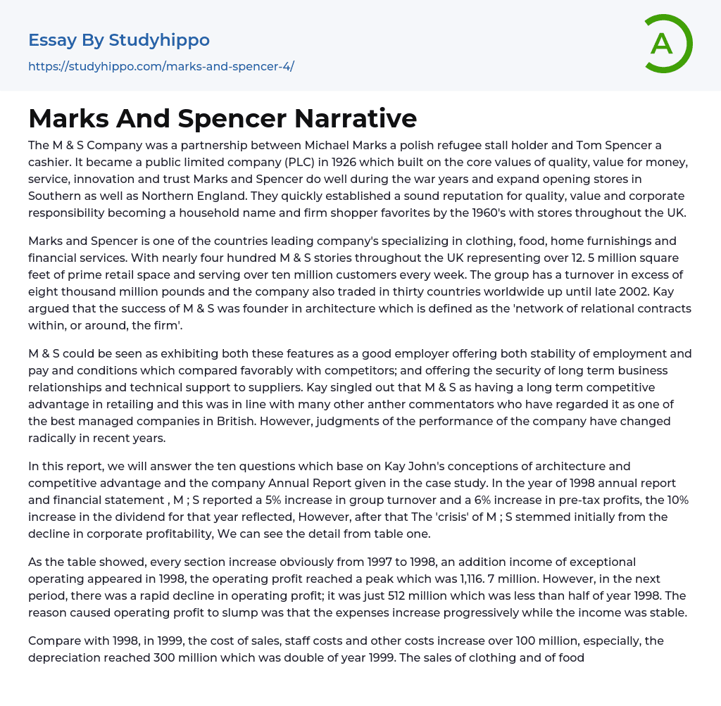 Marks And Spencer Narrative Essay Example