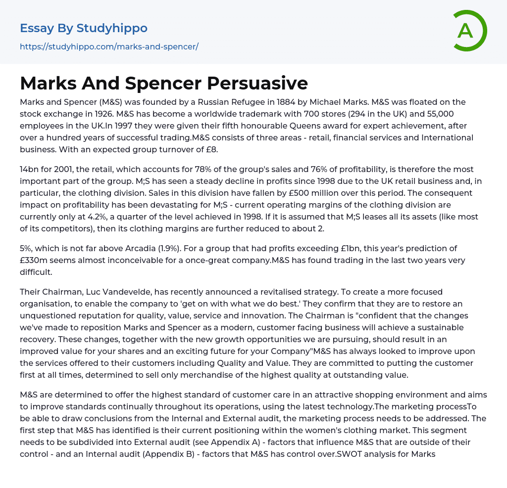 Marks and Spencer Group Plc Is a Large British Multinational Retailer Essay Example